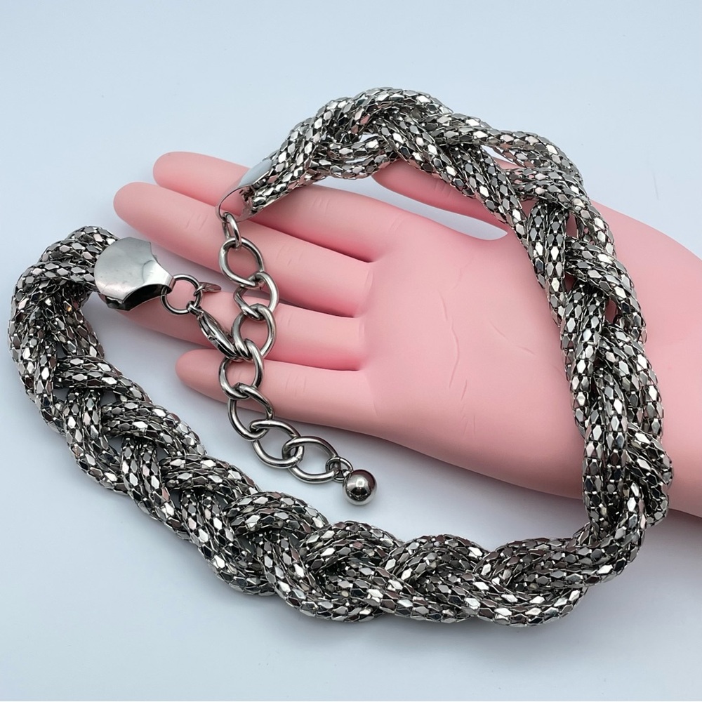 Express Silver Tone Braided Chain Statement Neckl… - image 7